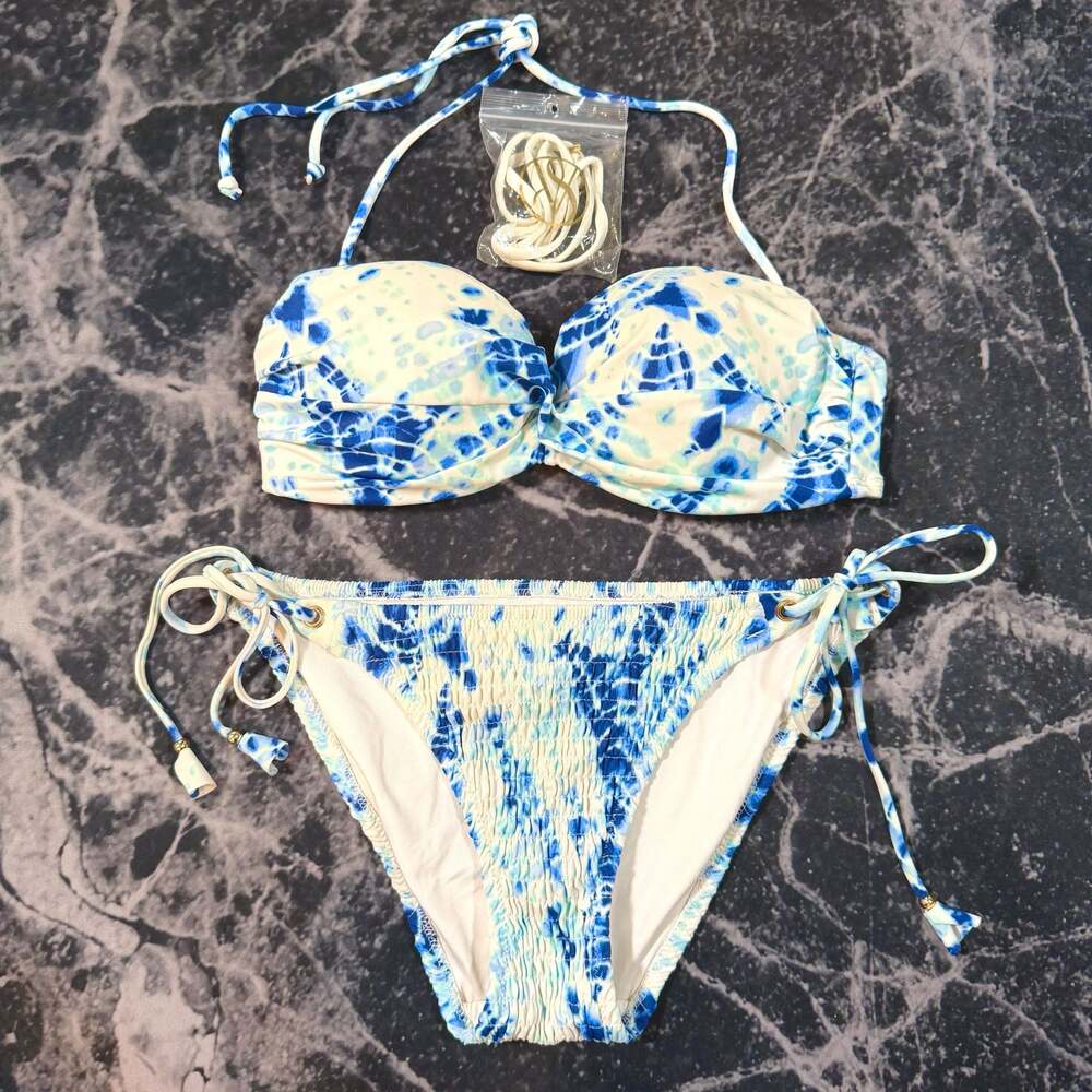 Victoria's Secret The Knockout Blue White Tie-Dye Smocked Bikini Set 32D M Swim
